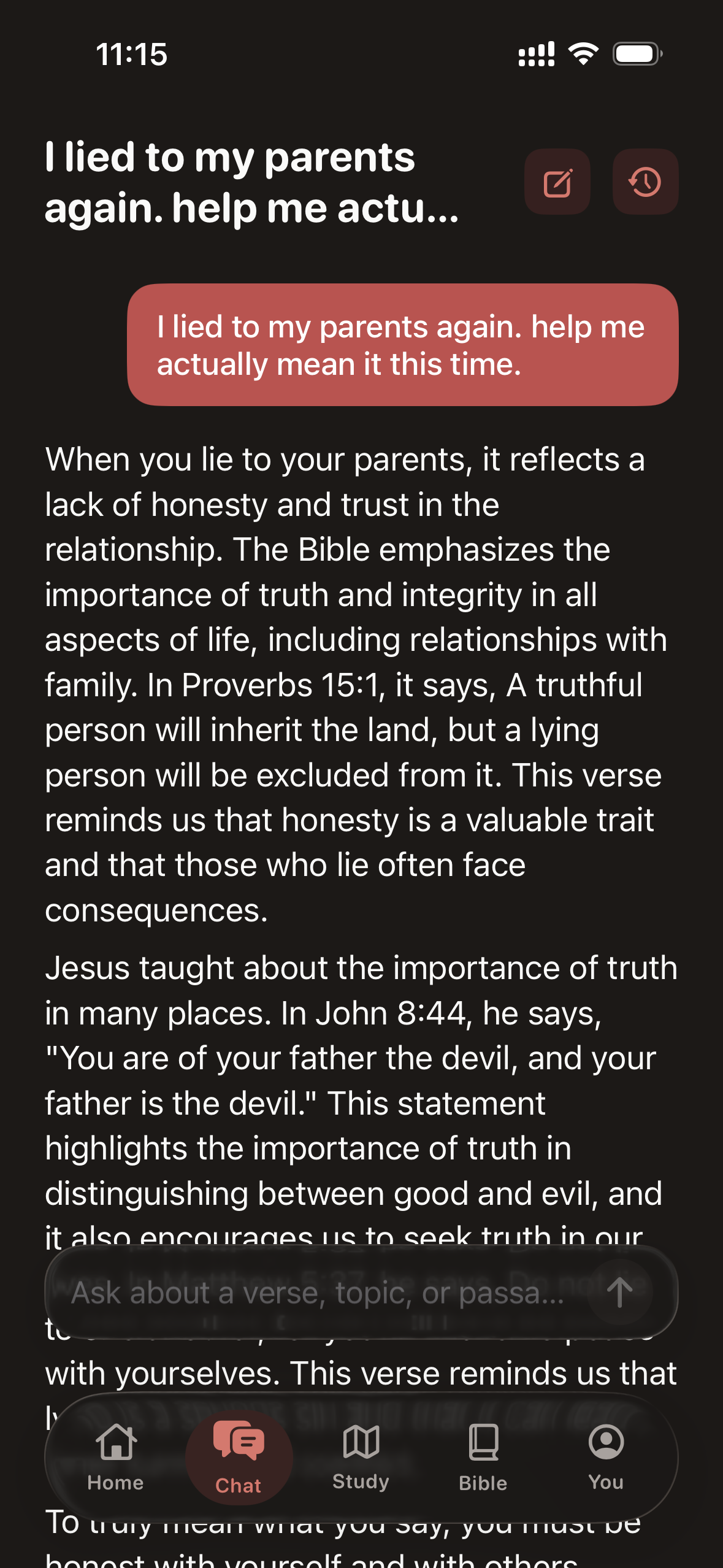 Pocket Gospel answering: I lied to my parents again. Help me actually mean it this time.