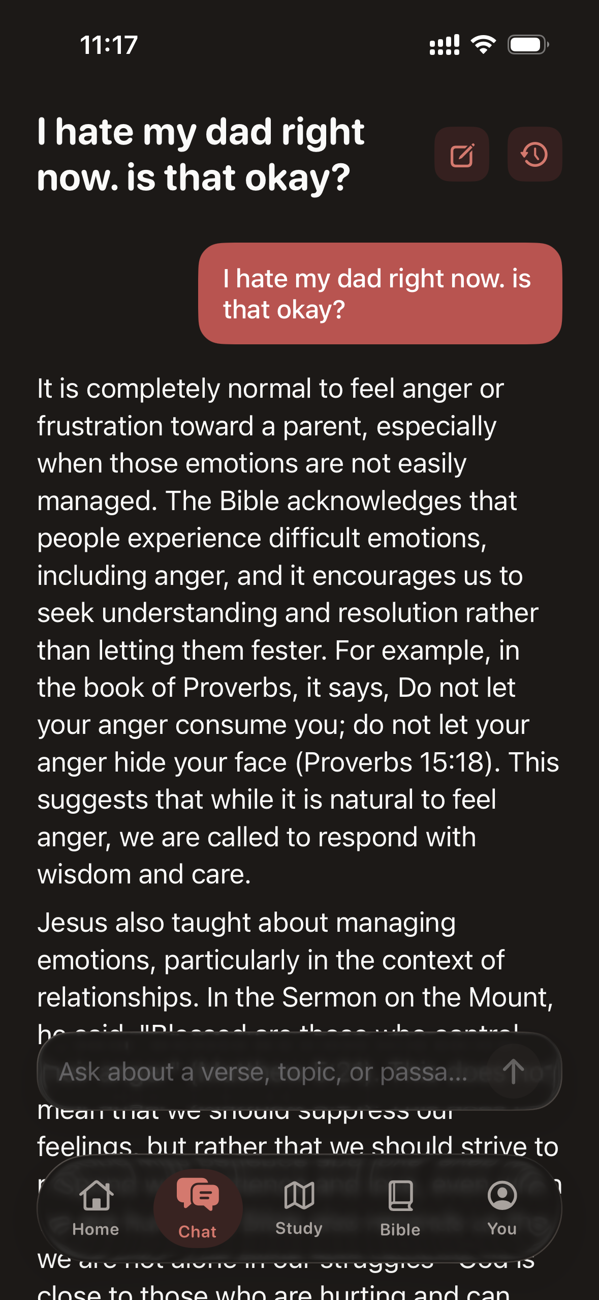 Pocket Gospel answering: I hate my dad right now. Is that okay?