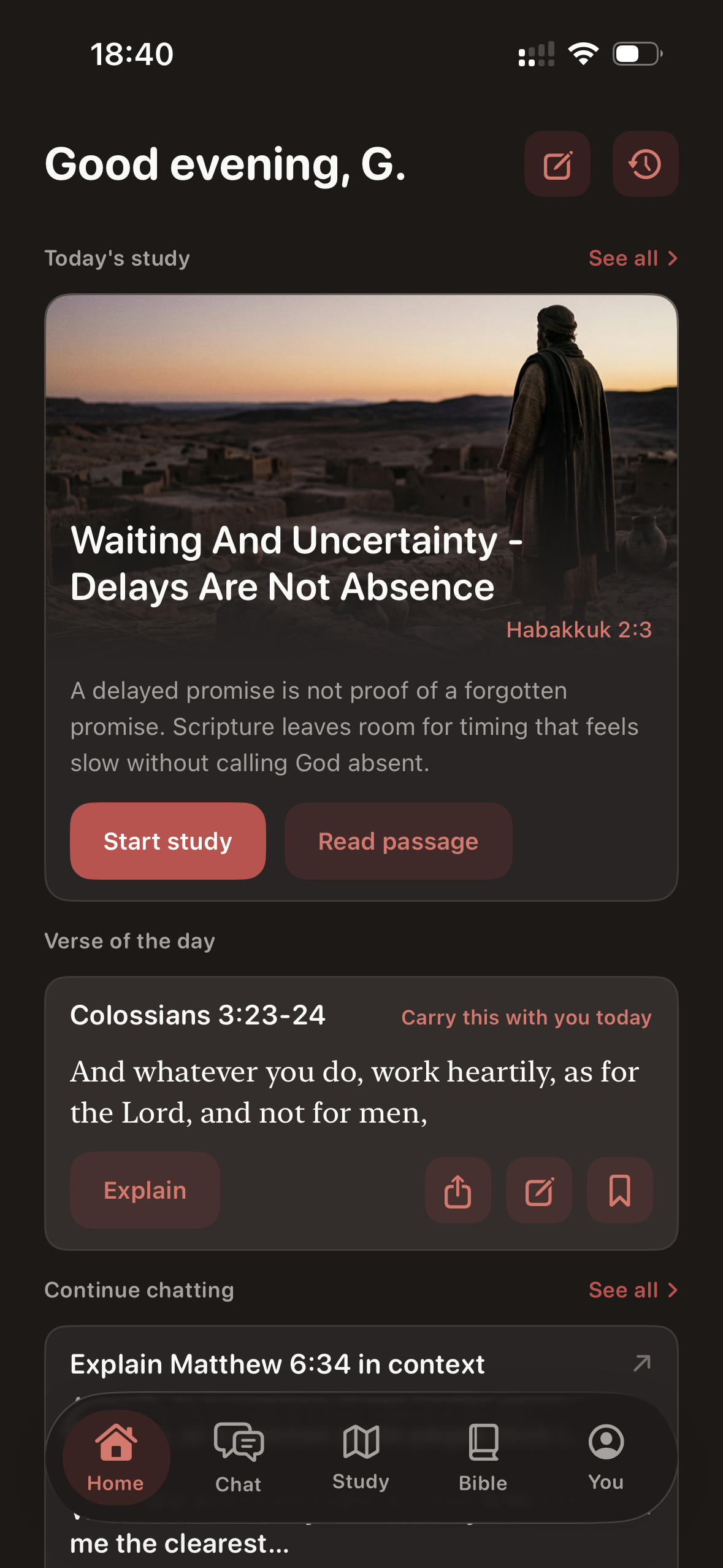 Pocket Gospel home screen with today's study and verse of the day